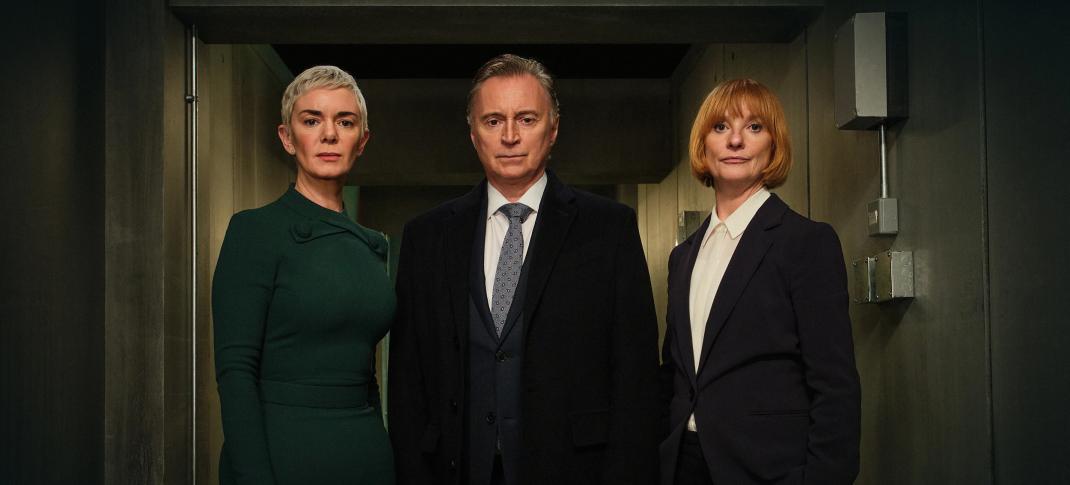 Victoria Hamilton as Anna Marshall, Robert Carlyle as Prime Minister Sutherland, and Jane Horrocks as Victoria Dalton pose for a photo in 'COBRA' Season 3