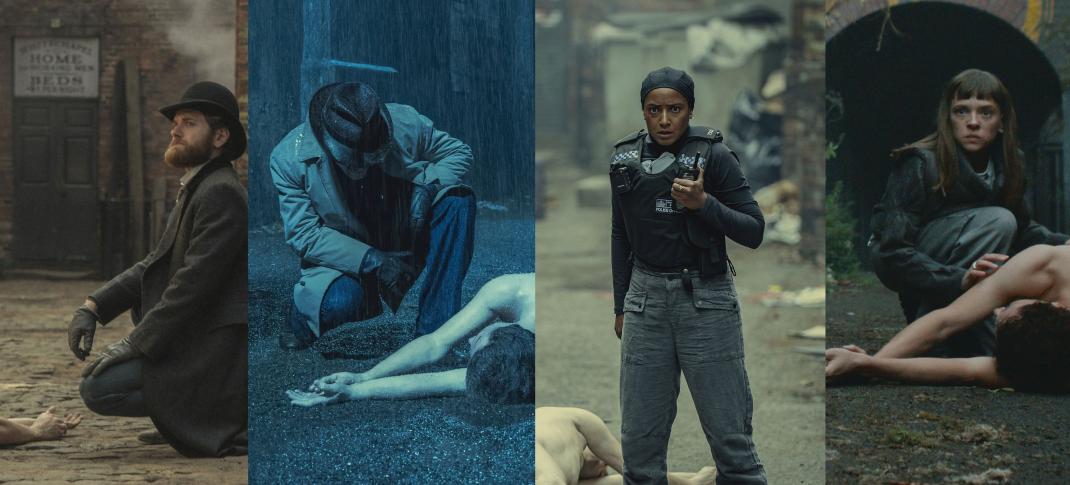 Kyle Soller as DI Hillinghead in 1890, Jacob Fortune-Lloyd as DS Whiteman in 1941, Amaka Okafor as DS Hasan in 2023, and Shira Haas as DS Maplewood in 2053 are all part of the same case in 'Bodies'