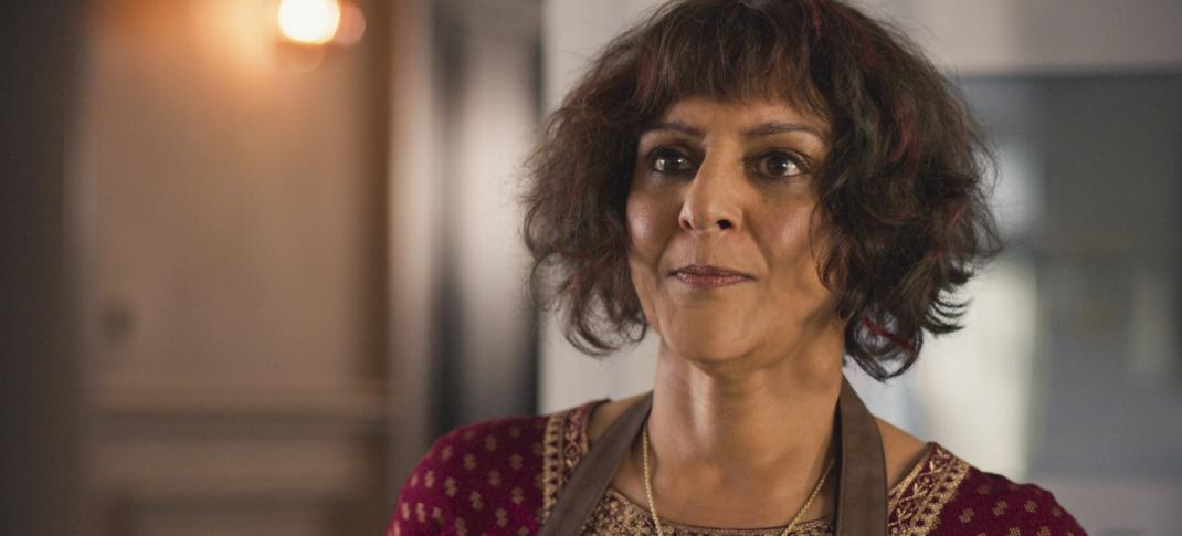 Meera Syal as Mrs Sidhu prepping to cater in 'Mrs Sidhu Investigates' Season 1
