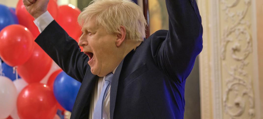 Kenneth Branagh as Boris Johnson celebrates winning the election in This England