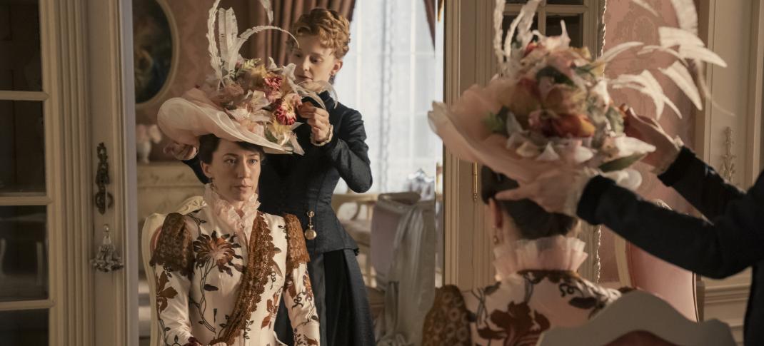 Carrie Coon as Bertha Russell, Erin Wilhelmi as Adelheid in Bertha's dressing room in 'The Gilded Age' Season 2