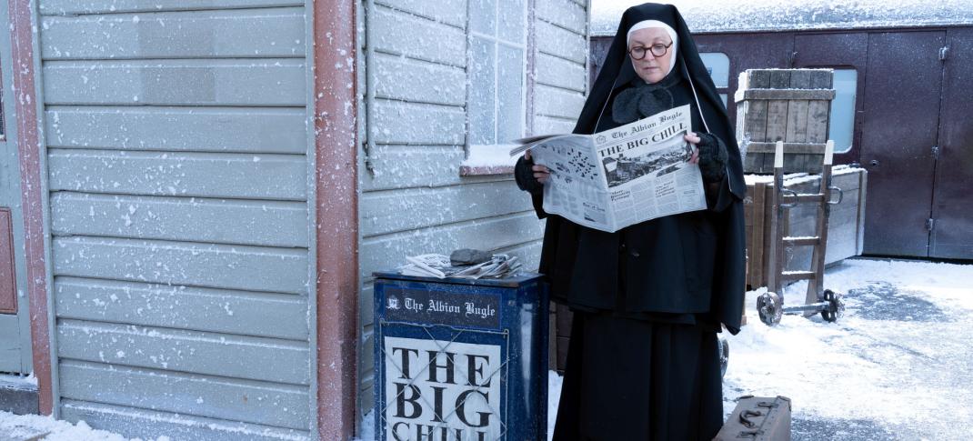 Lorna Watson as Sister Boniface reads the newspaper in the Sister Boniface Christmas Special 2023