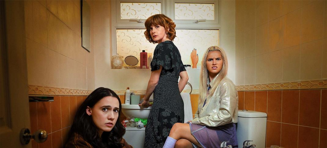 Kat Sadler as Josie, Louise Brealey as Deb, and Lizzie Davidson as Billie are trapped in the bathroom in 'Such Brave Girls'