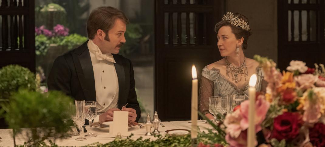 Ben Lamb as The Duke, Carrie Coon as Bertha Russell at the dining room table in 'The Gilded Age' Season 2