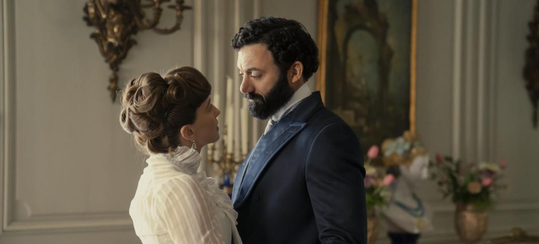 Carrie Coon as Bertha Russell and Morgan Spector as George Russell in The Gilded Age Season 2