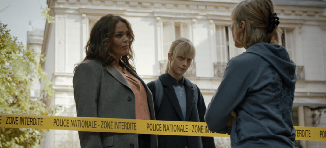 Lola Dewaere as Commandant Raphaëlle Coste and Sara Mortensen as Astrid Nielsen arrive at the crime scene in Astrid Season 3