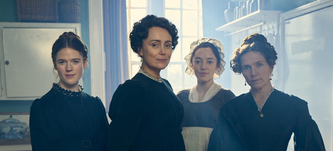 Rose Leslie as Isabella, Keeley Hawes as Cassandra Austen, Mirren Mack as Dinah, and Jessica Hynes as Mary Austen standing in the kitchen in 'Miss Austen'