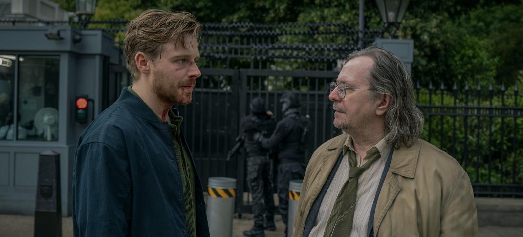 Jack Lowden as River Cartwright has been beat up, much to Gary Oldman as Jackson Lamb's amusement in 'Slow Horses' Season 3