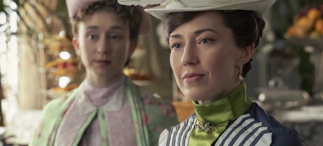 Taissa Farmiga as Gladys Russell, Carrie Coon as Bertha Russell take tea in 'The Gilded Age' Season 2