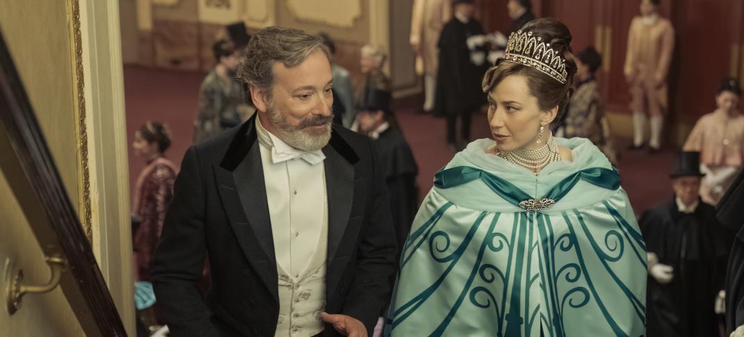 Jeremy Shamos as Mr. Gilbert and Carrie Coon as Bertha Russell, her gown cloaked, in 'The Gilded Age' finale