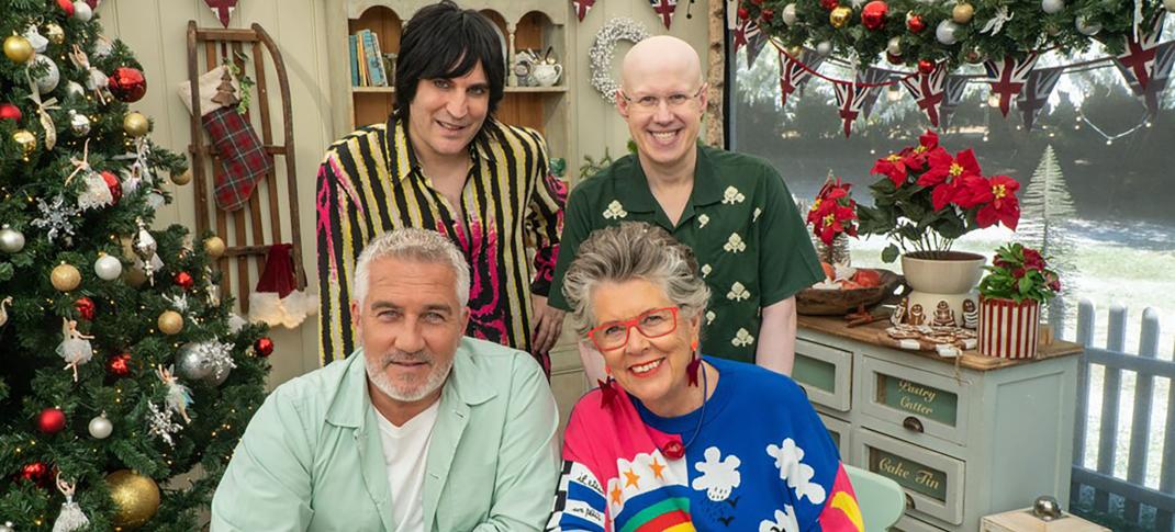 Paul Hollywood, Prue Leith, Matt Lucas, and Noel Fielding in the tent for The Great British Baking Show Christmas Special 2022