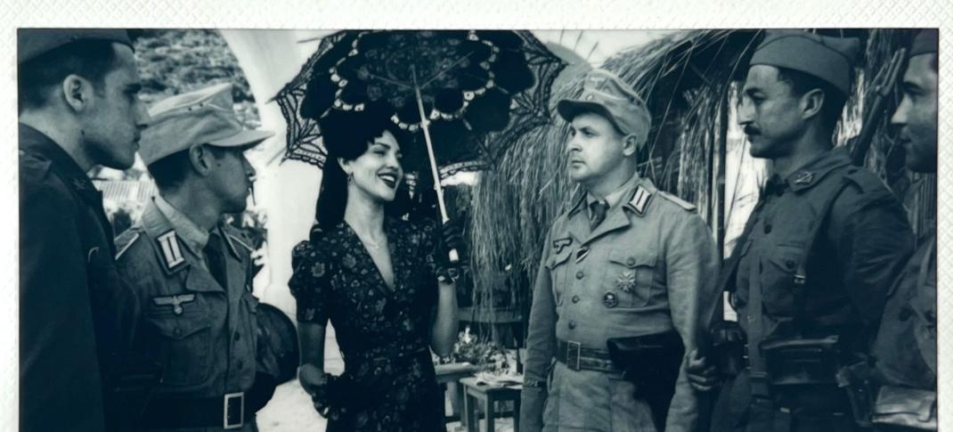 Eiza González as Marjorie Stewart in an old timey photo in The Ministry Of Ungentlemanly Warfare