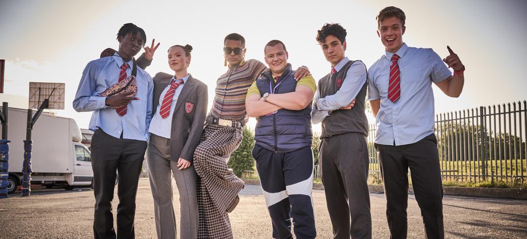 Anthony J. Abraham as Inchez, Laura Marcus as Jinx, Layton Williams as Stephen Carmichael, Charlie Wernham as Mitchell Harper, Ali Hadji-Heshmati as Warren, and Bobby Johnson as Harrison in 'Bad Education' Season 5