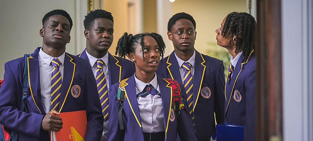 Aruna Jalloh as Femi, Josh Tedeku as Jaheim, Jodie Campbell as Leah, Myles Kamwendo as Omar, and Sekou Diaby as Toby walking down the school hallway in 'Boarders' Season 1