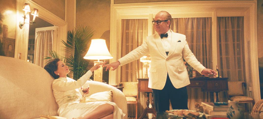 Naomi Watts as Barbara "Babe" Paley, Tom Hollander as Truman Capote hang out being glamorous together in Feud: Capote Vs. The Swans 