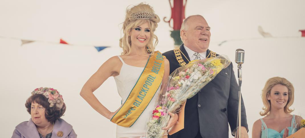 Gemma Arterton as Barbara Parker and Richard Ridings as the Mayor crowing her Miss Blackpool in 'Funny Woman's Series Premiere