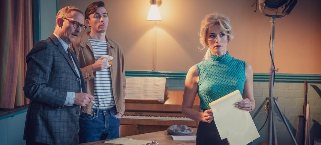 Leo Bill as Tony Holmes, Matthew Beard as Bill Gardiner, and Gemma Arterton as Barbara Parker/Sophie Straw backstage at the Jim & Barbara Show in 'Funny Woman' 