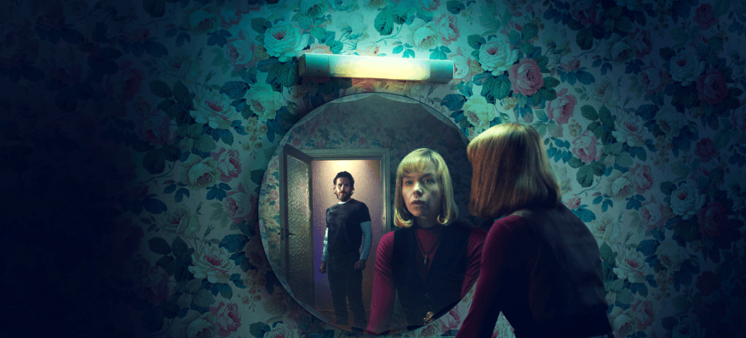 Anna Maxwell Martin as Delia Balmer looking in the mirror at Shaun Evans as John Sweeney in 'Until I Kill You's key art