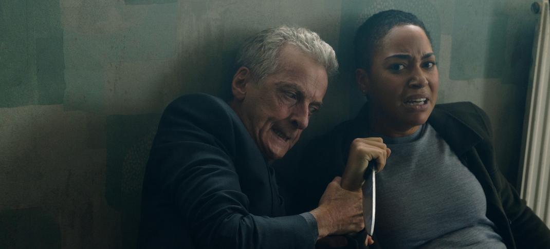 Peter Capaldi as DCI Daniel Hegarty prevents Cush Jumbo as DS June Lenker from stabbing someone in Criminal Record