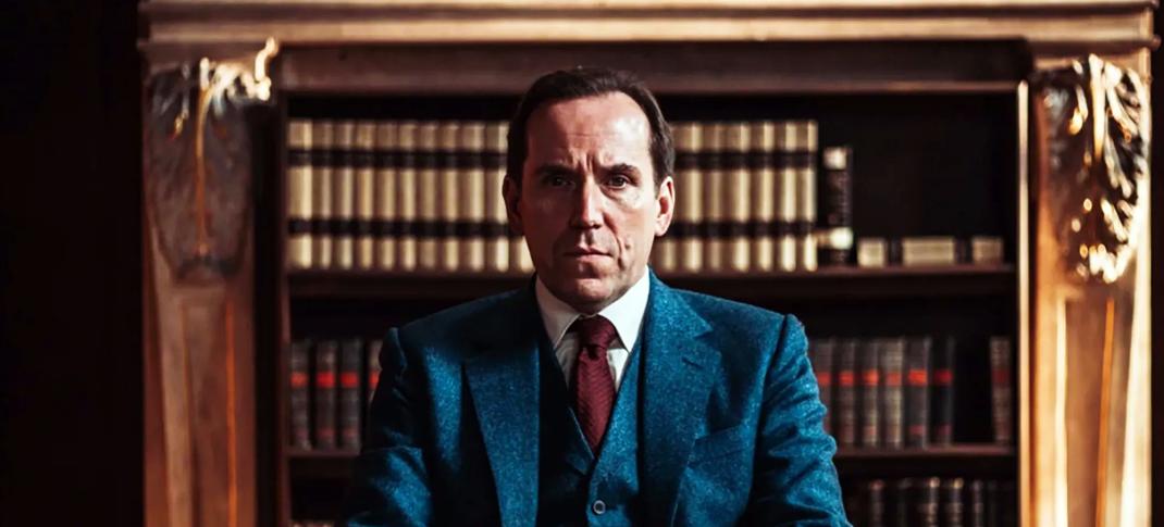 Ben Miller as Professor Jasper Tempest seated at his desk in 'Professor T'