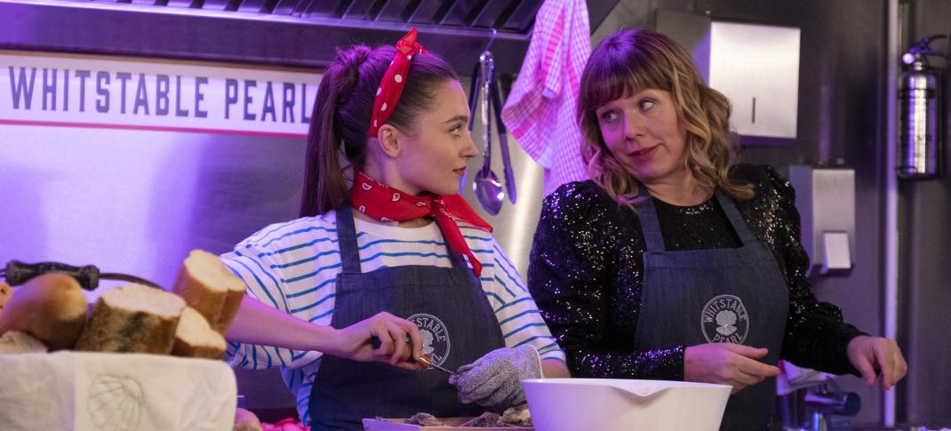 Isobelle Molloy as Ruby Williams and Kerry Godliman as Pearl Nolan in Whitstable Pearl Season 2