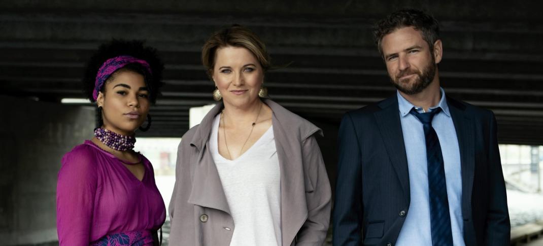 Ebony Vagulans as Madison Feliciano, Lucy Lawless as PI Alexa Crowe and Bernard Curry as DI Kieran Hussey in 'My Life is Murder' Season 1