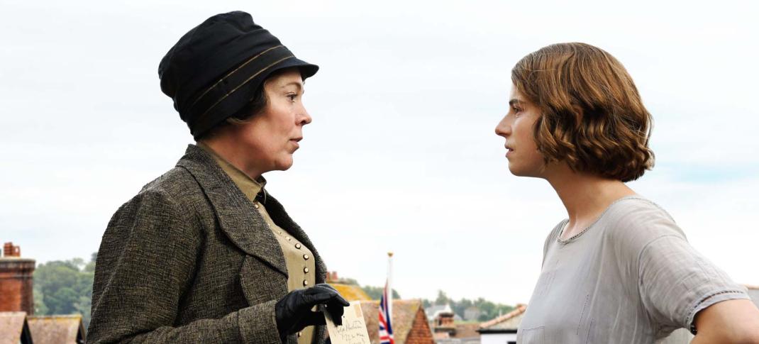 Olivia Colman as Edith Swan waves a poison pen letter at Jessie Buckley as Rose Gooding, its suspected author in 'Wicked Little Letters'