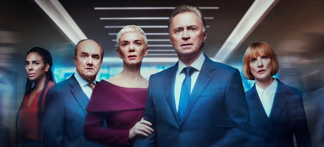 Marsha Thomason as Francine Bridge, David Haig as Archie Glover-Morgan, Victoria Hamilton as Anna Marshall, Robert Carlyle as Robert Sutherland, and Jane Horrocks as Victoria Dalton in 'COBRA' Season 3 Key Art