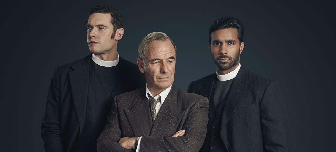 Tom Brittney as Will Davenport, Robson Green as Geordie Keating, Rishi Nair as Alphy Kotteram in 'Grantchester' Season 9's key art