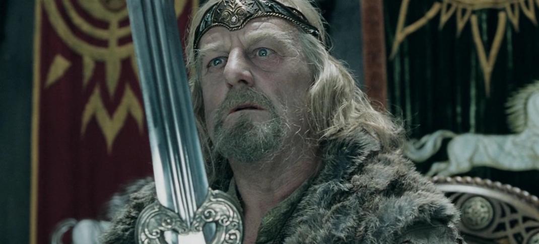 Bernard Hill as King Theoden staring at his sword in 'Lord of the Rings: The Two Towers'