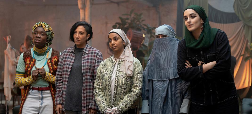 Faith Omole as Bisma, Sarah Kameela Impey as Saira, Lucie Shorthouse as Momtaz, and Juliette Motamed as Ayesha are not impressed in 'We Are Lady Parts' Season 2