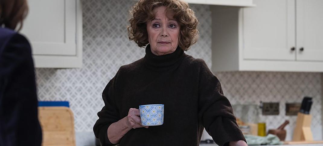 Francesca Annis as Dame Harriet Kenny having a cuppa in 'Showtrial' Season 2