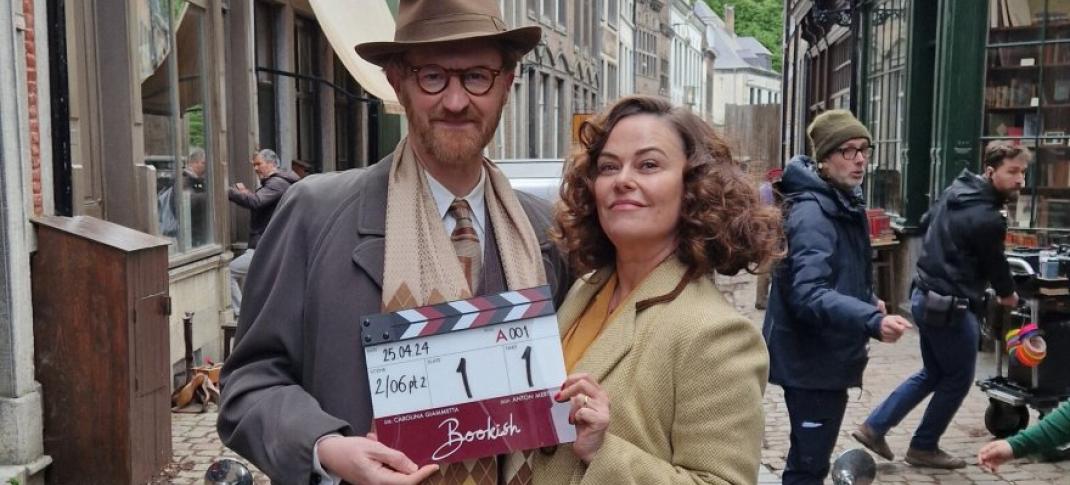 Mark Gatiss and Polly Walker on the set of "Bookish"