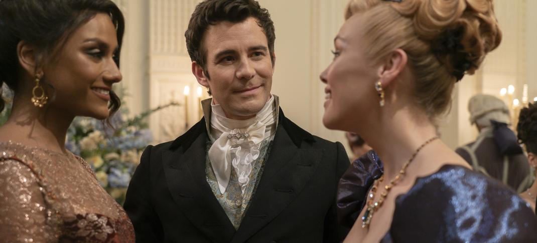 Simone Ashley as Kate Sharma, Luke Thompson as Benedict Bridgerton, Hannah New as Lady Tilley Arnold in Bridgerton Seaoson 3