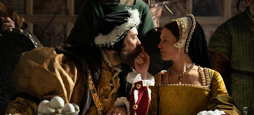 Jude Law as old and fat Henry VIII, Alicia Vikander as young desperate to escape Katherine Parr in 'Firebrand'