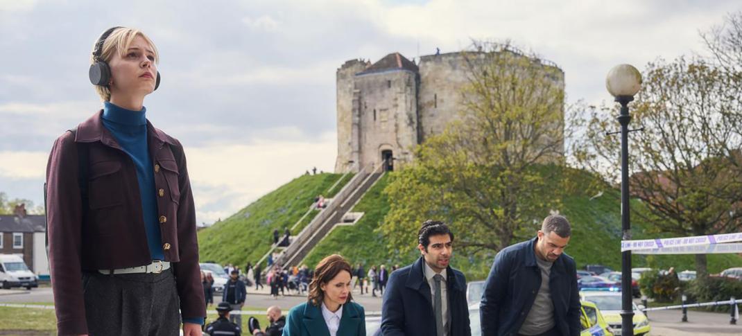 Ella Maisy Purvis as Patience Evans, with Laura Fraser as Bea Metcalf, Ali Ariaie as Will Akbari, and Nathan Welsh as Jake in York in 'Patience' Season 1