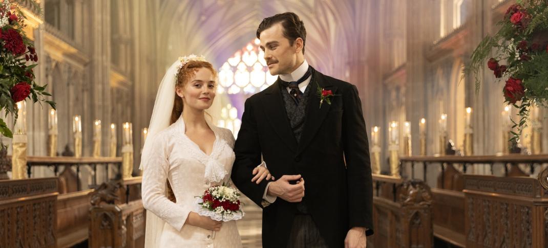 Millie Gibson as Irene and Joshua Orpin as Soames on their wedding day in 'The Forsyte Saga' Season 1