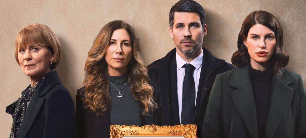 Samantha Bond as Susan, with Gaynor Faye, Robert James-Collier, and Jemima Rooper as her children Sian, Daniel, and Chloe, at their father's funeral.