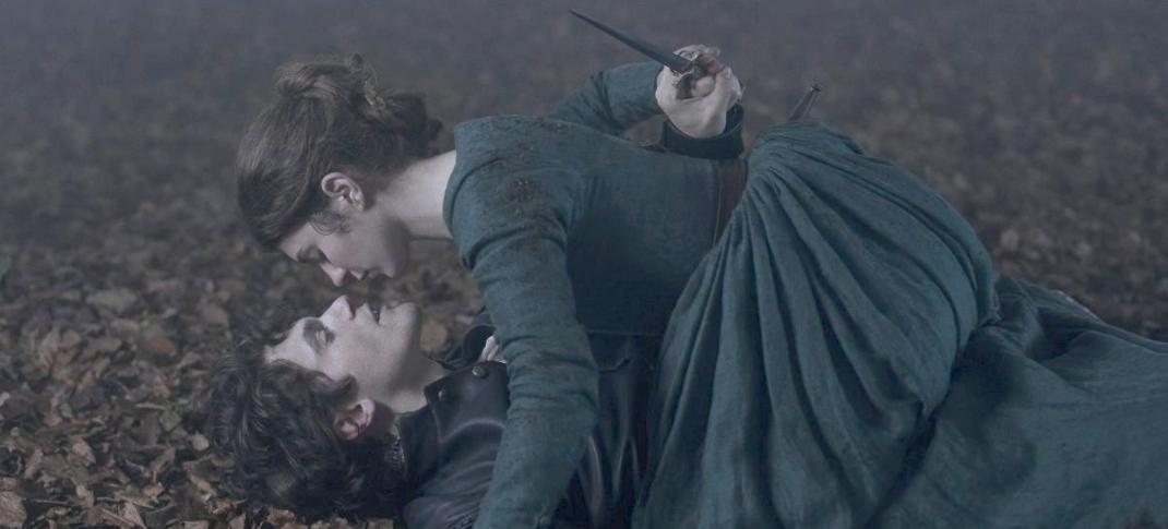 Picture shows: Obligatory sexy knife fight. Jane Grey (Emilly Bader) has Guildford Dudley (Edward Bluemel) pinned to the ground.