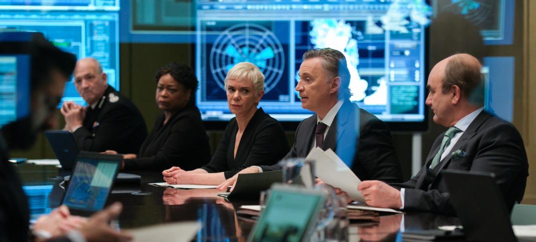 Picture shows: Prime Minister Robert Sutherland (Robert Carlyle), Chief Advisor Anna Marshall (Victoria Hamilton),  Foreign Secretary Archie Glover-Morgan (David Haig) at a COBRA