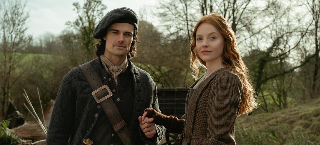 Harriet Slater and Jamie Roy as Ellen MacKenzie and Brian Fraser in "Outlander: Blood of My Blood"