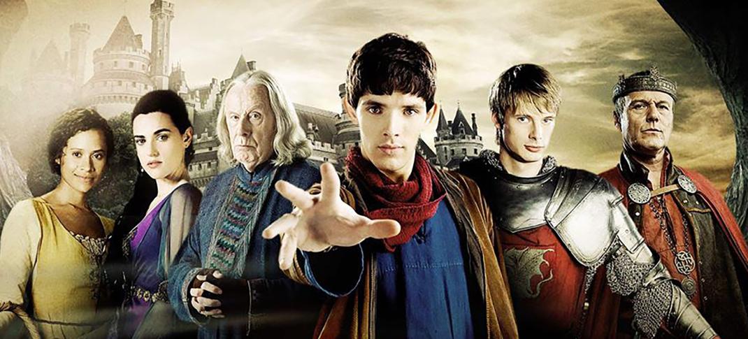 Angel Coulby as Gwen, Katie McGrath as Morgana, Richard Wilson as Gaius, Colin Morgan as Merlin, Bradley James as Arthur, and Anthony Head as Uther in the 'Merlin' Key Art