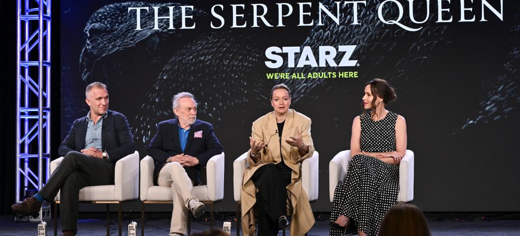 Justin Haythe, Erwin Stoff, Samantha Morton, and Minnie Driver attend STARZ Networks ‘Serpent Queen’ Panel