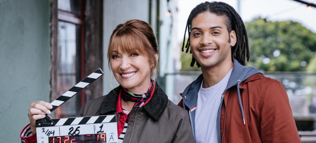 Jane Seymour and Rohan Nedd pose with the clapper to mark the start of Harry Wild Season 4 filming