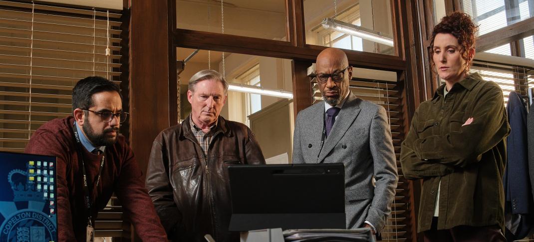 George Bukhari as DC Darren Lakhan, Adrian Dunbar as Ex-DI Alex Ridley, Terence Maynard as DCI Paul Goodwin, and Bronagh Waugh as DI Carol Farman in 'Ridley' Season 2