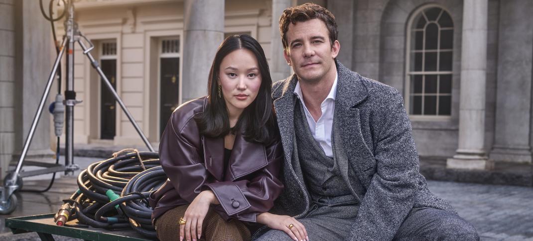 Luke Thompson and Yerin Ha as new couple Benedict and Sophie behind-the-scenes of 'Bridgerton' Season 4