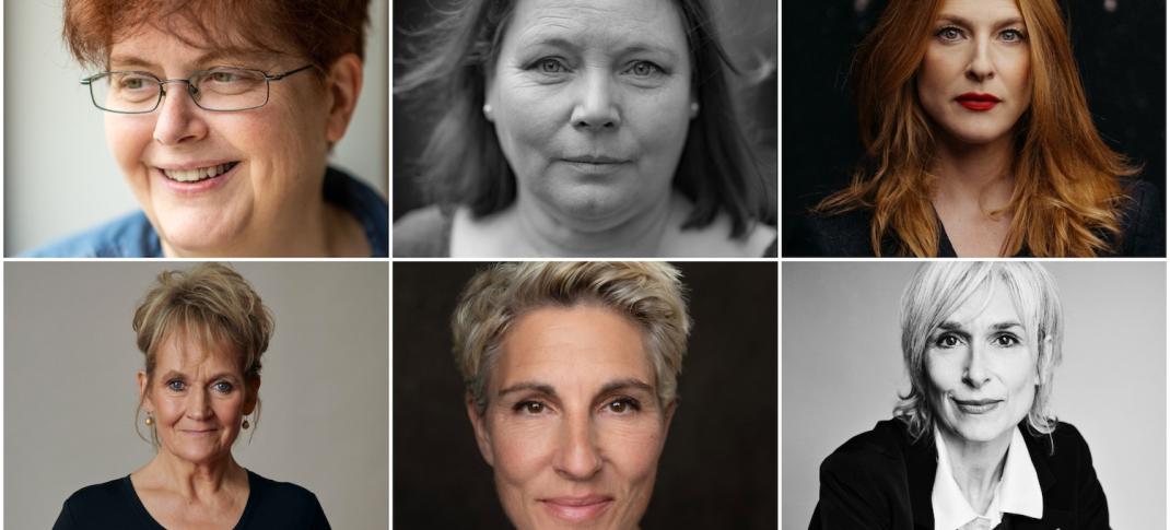 Sally Wainwright, Joanna Scanlan, Rosalie Craig, Lorraine Ashbourne, Tamsin Greig, and Amelia Bullmore in the casting annoucement for "Riot Women"