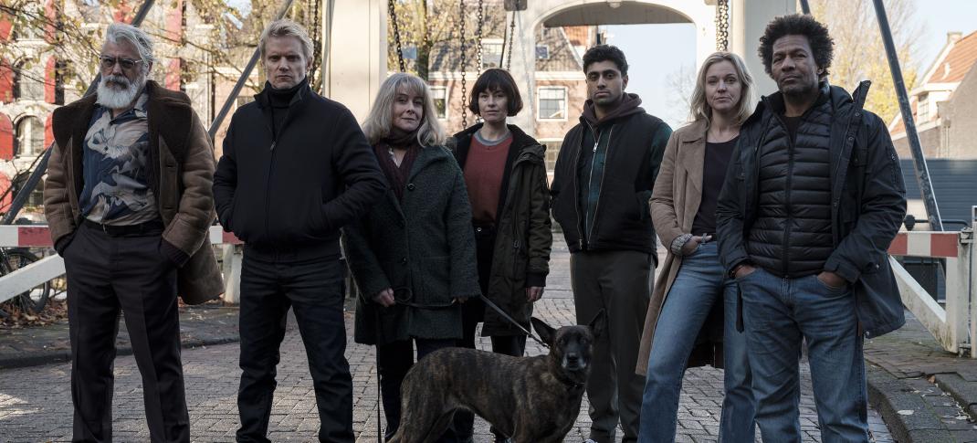 Darrell D'Silva as Hendrik Davie, Marc Warren as Piet Van der Valk, Emma Fielding as Julia Dahlman, Maimie McCoy as Lucienne Hassell, Azan Ahmed as Eddie Suleman, Loes Haverkort as Lena Linderman, Mike Libanon as Cliff Palache in 'Van der Valk' Season 4 