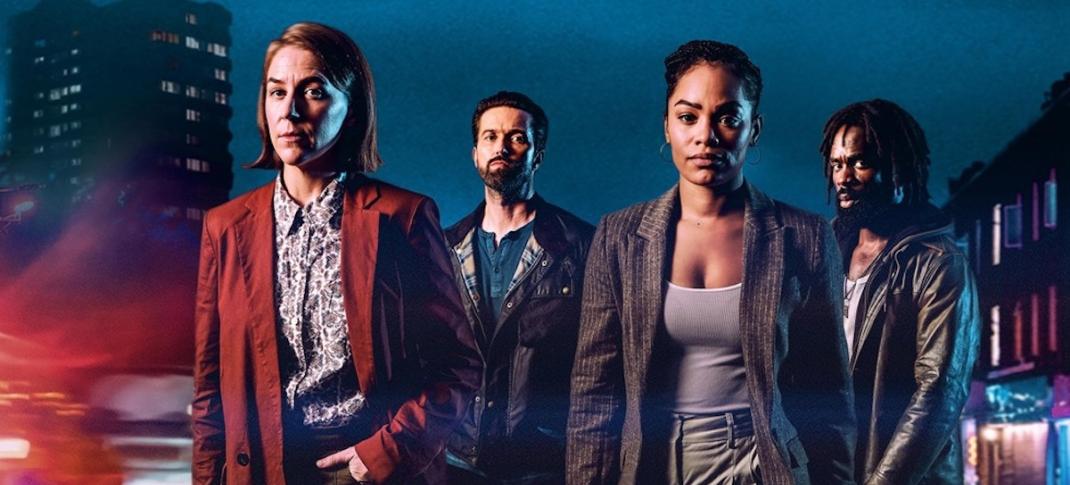 Picture shows: DS Sarah Collins (Gemma Whelan), DI Kieran Shaw (Emmett J. Scanlan), DC Lizzie Adama (Tahirah Sharif), and DC Steve Bradshaw (Jimmy Akingbola) stand against a montage of police car lights, a street and a tower in the background