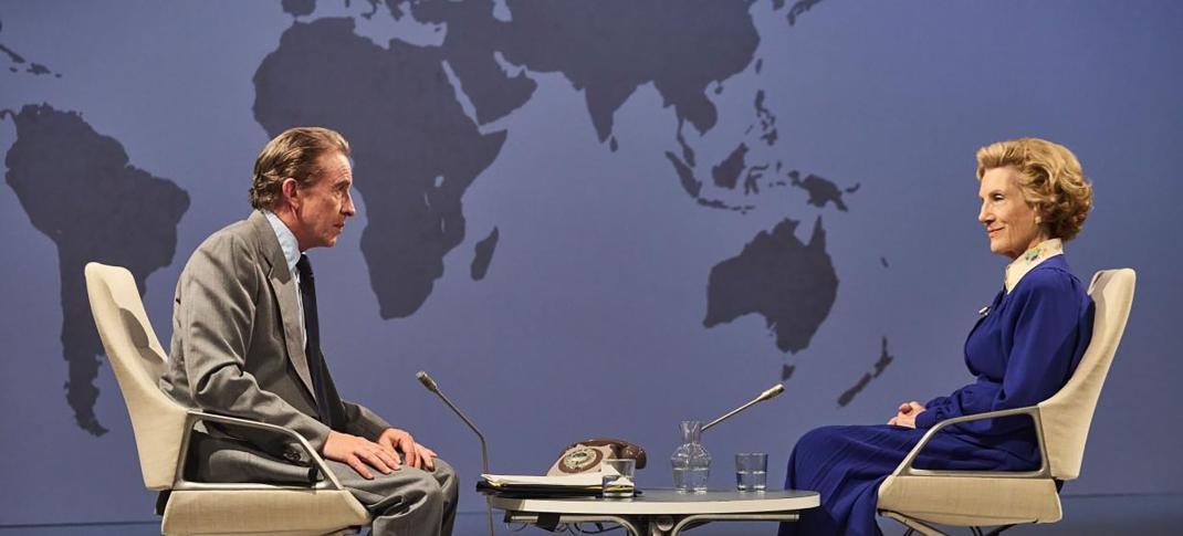 Steve Coogan as Brian Walden and Harriet Walter as Margaret Thatcher in 'Brian & Margaret'
